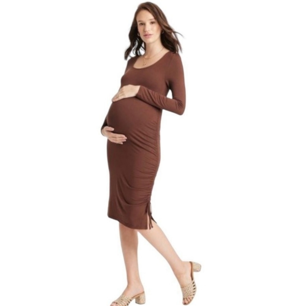 Isabel Side Ruched Long Sleeve Bodycon dress Brown Size M